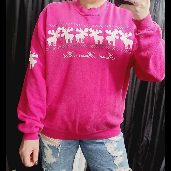 Vintage 80s Jerzees Barbiecore Hot Pink Moose Crewneck Pullover Sweatshirt - Picture 2 of 14